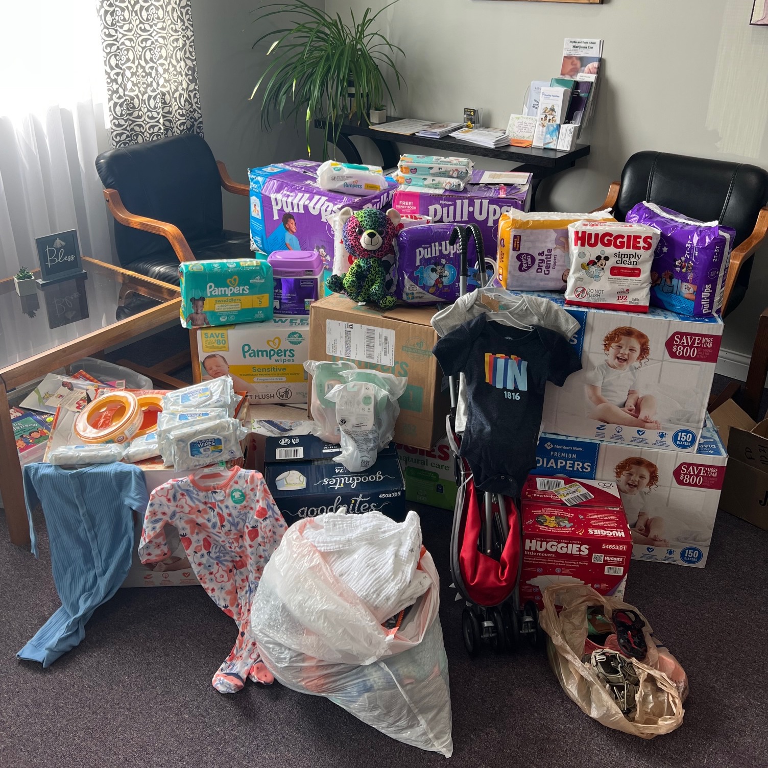 Diapers, clothing, and other material support is available through New Beginnings.